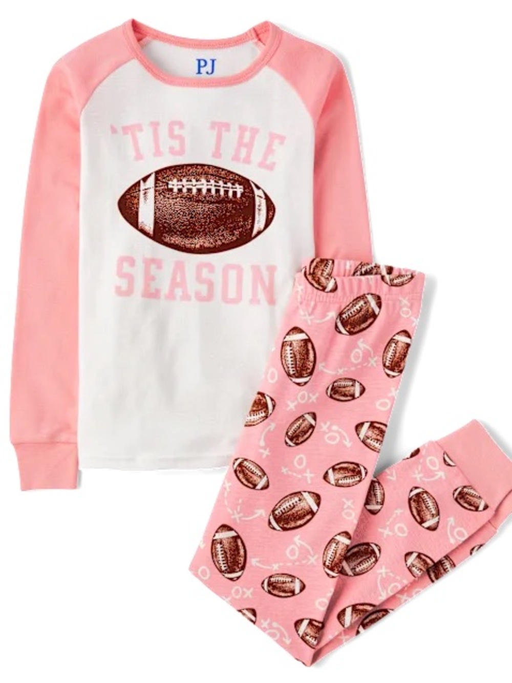 PJ Pink and White 'Tis The Season Football Pajama Set for Girls